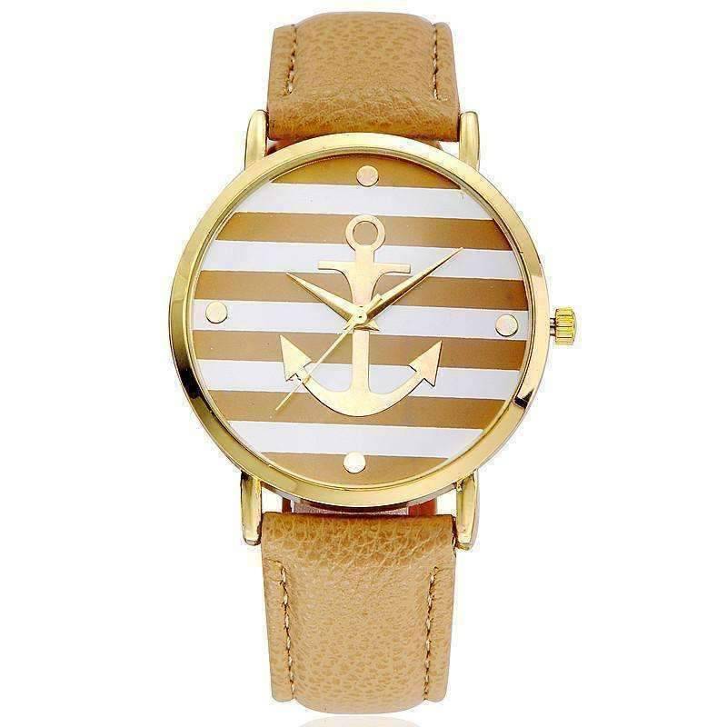 Feshionn IOBI Watches Caramel CLEARANCE - Ahoy! Anchor Watch in Caramel and White Stripes