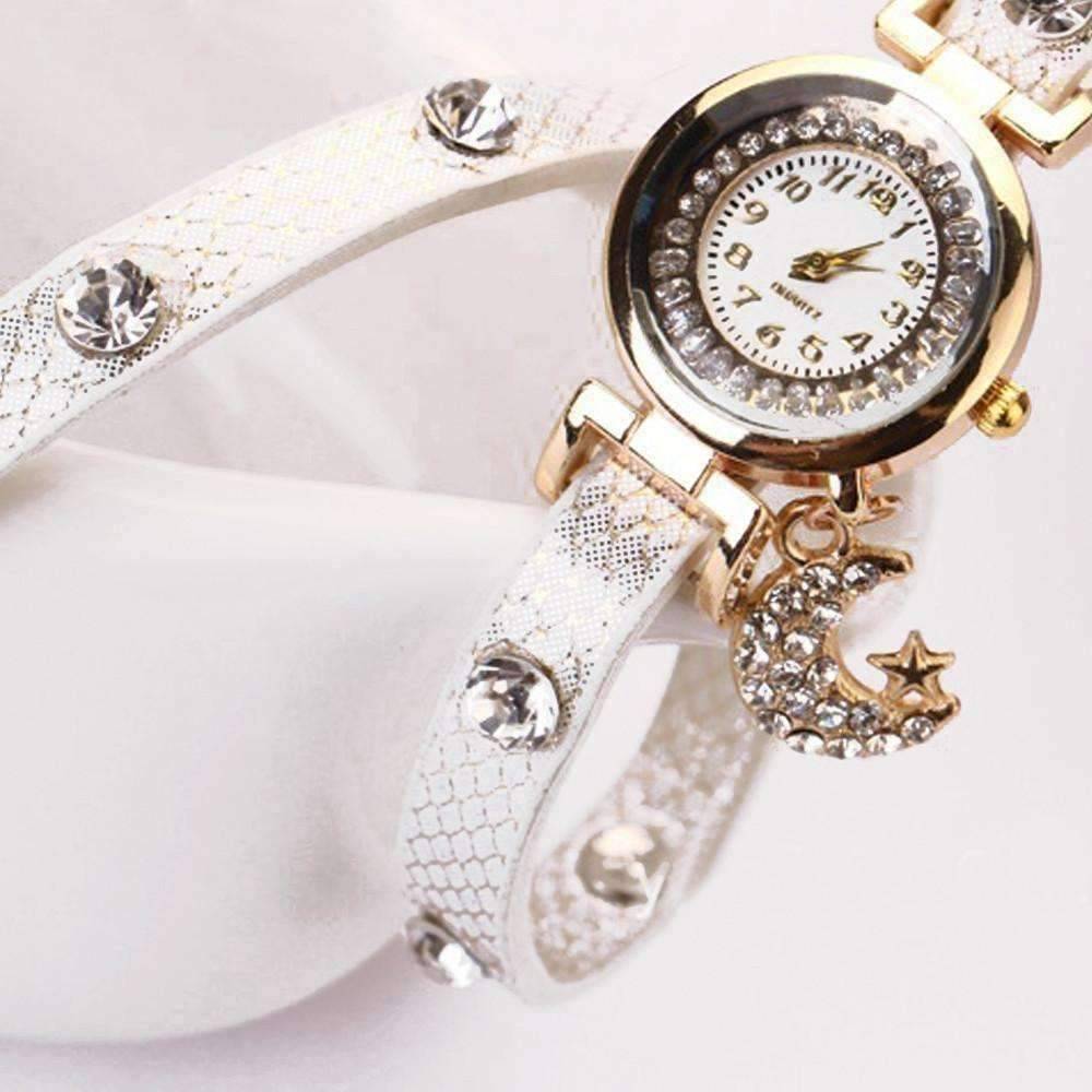 Feshionn IOBI Watches "Look To The Moon And Stars" Sparkly Wrap Bracelet Watch in White