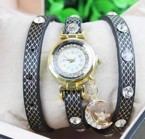 Feshionn IOBI Watches ON SALE - "Look To The Moon And Stars" Sparkly Wrap Bracelet Watch in Black