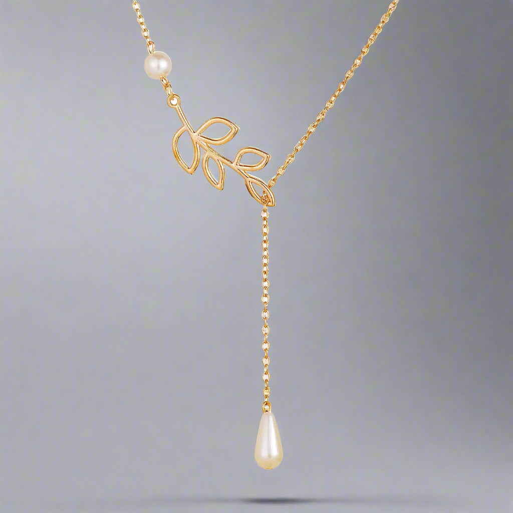 Pearl Droplet Thread Necklace 14K White or Yellow Gold plated for Woman White Pearl