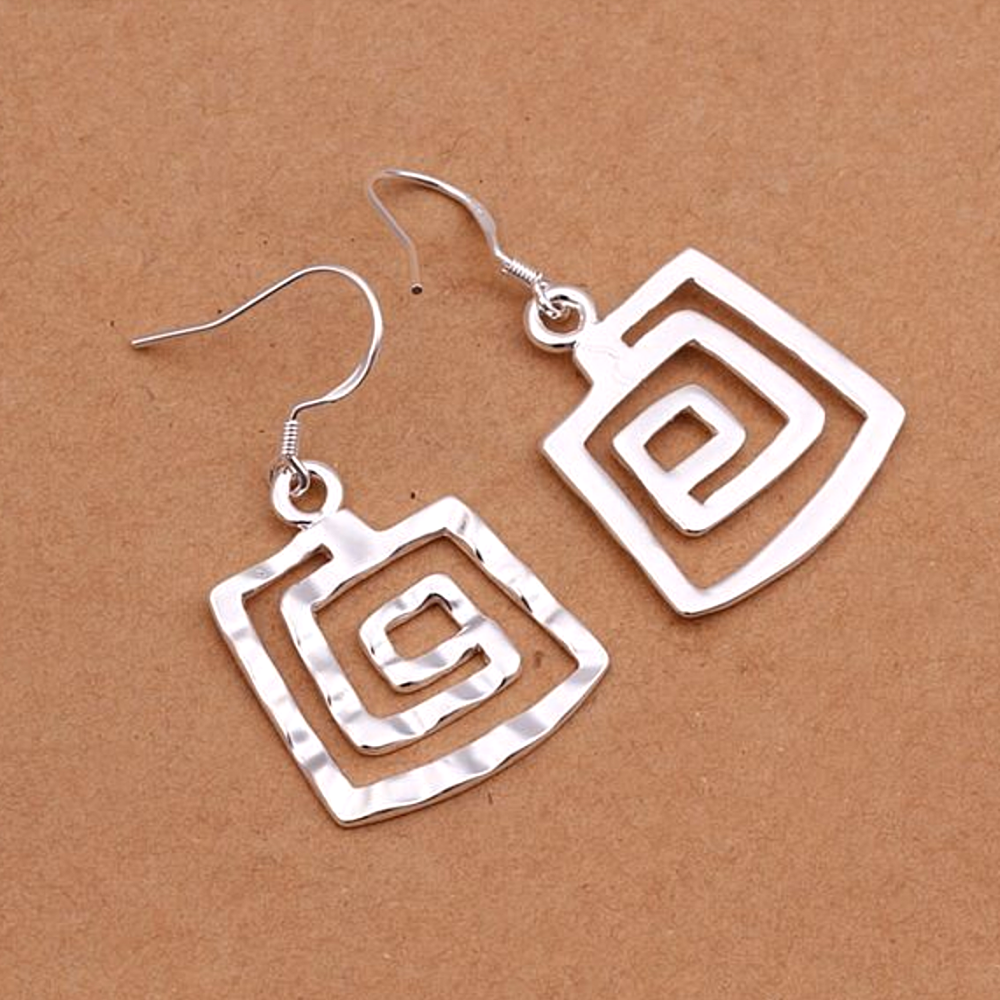 Hammered Spiral Square Silver Hook Earrings For Woman