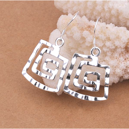 Hammered Spiral Square Silver Hook Earrings For Woman