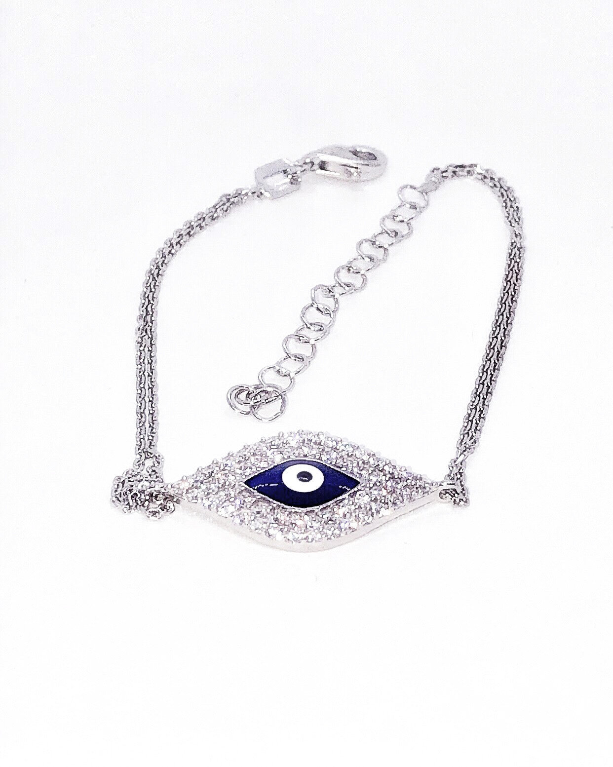 Symbolic Blue Evil Eye CZ & Sterling Silver Bracelet