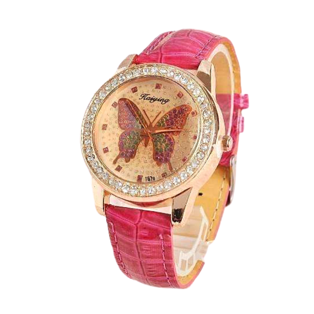 Shimmering Butterfly Rose Gold Ladies Leather Watch For Woman