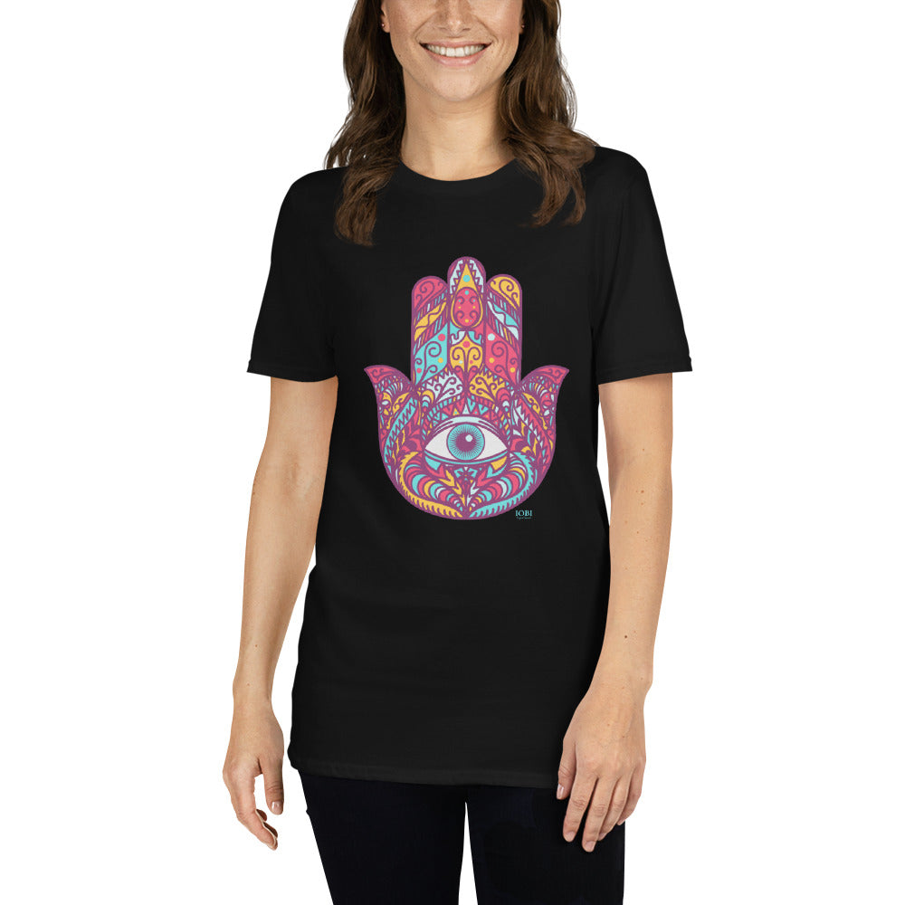 Short-Sleeve Women Soft T-Shirt Red Hamsa Design by IOBI Original Apparel