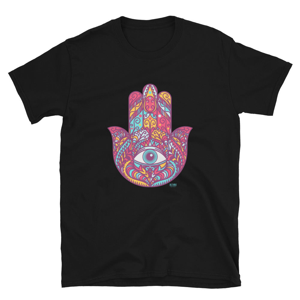 Short-Sleeve Women Soft T-Shirt Red Hamsa Design by IOBI Original Apparel