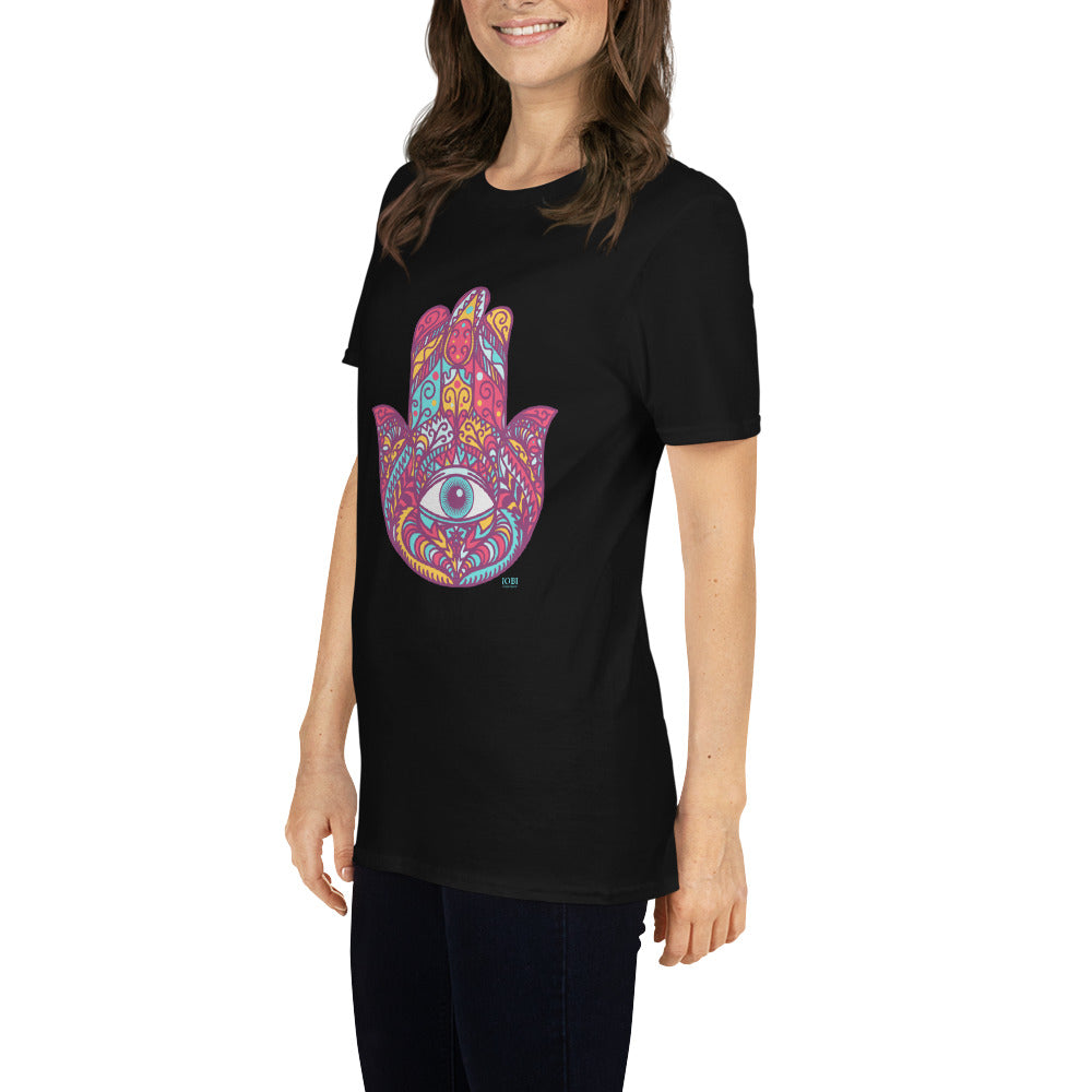 Short-Sleeve Women Soft T-Shirt Red Hamsa Design by IOBI Original Apparel