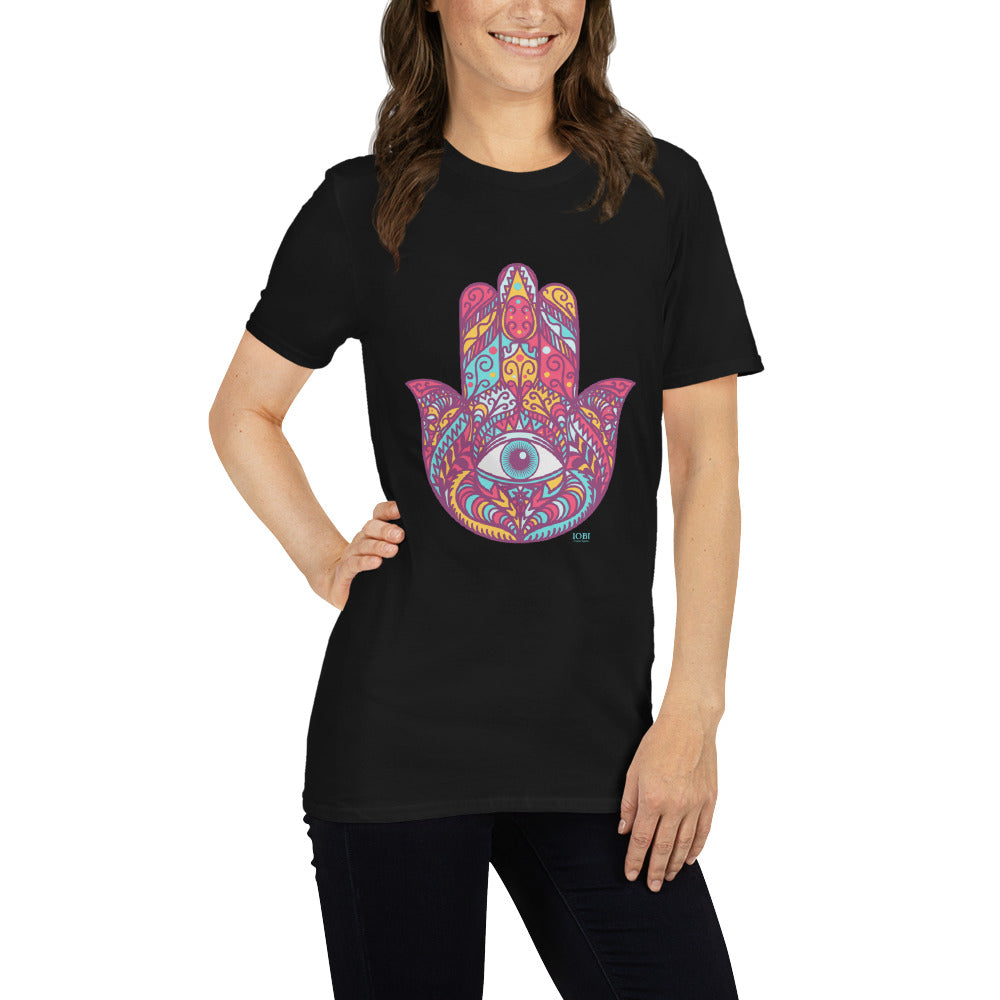 Short-Sleeve Women Soft T-Shirt Red Hamsa Design by IOBI Original Apparel