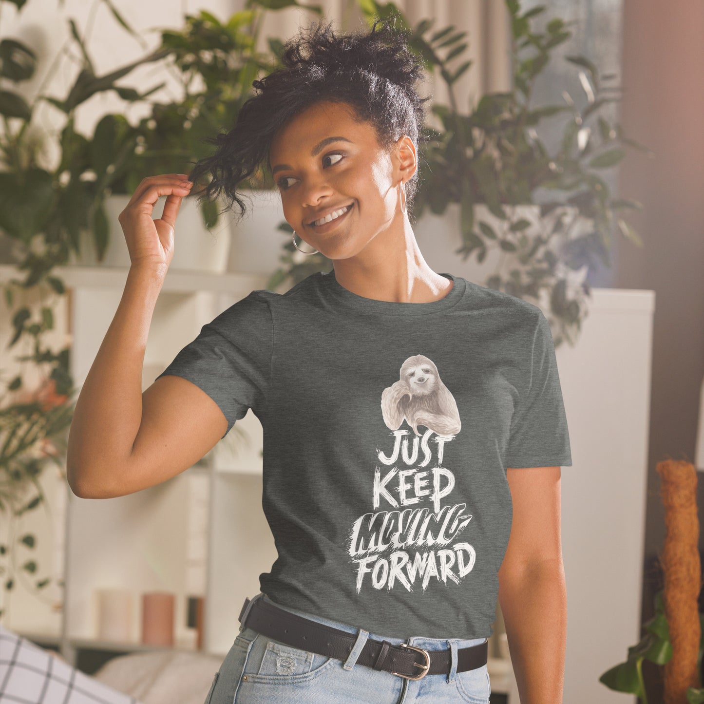 Short-Sleeve Women Soft T-Shirt Just Keep Moving Forward Sloth Design by IOBI Original Apparel