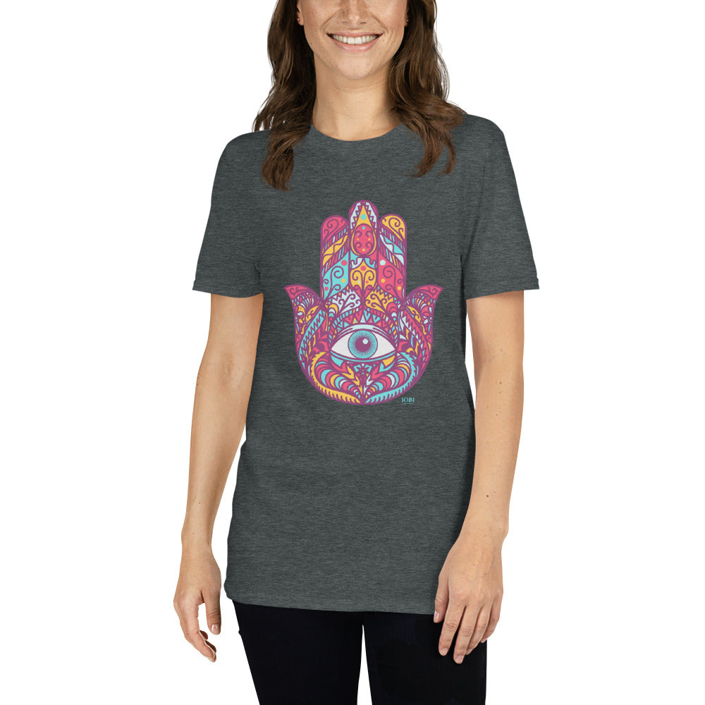 Short-Sleeve Women Soft T-Shirt Red Hamsa Design by IOBI Original Apparel