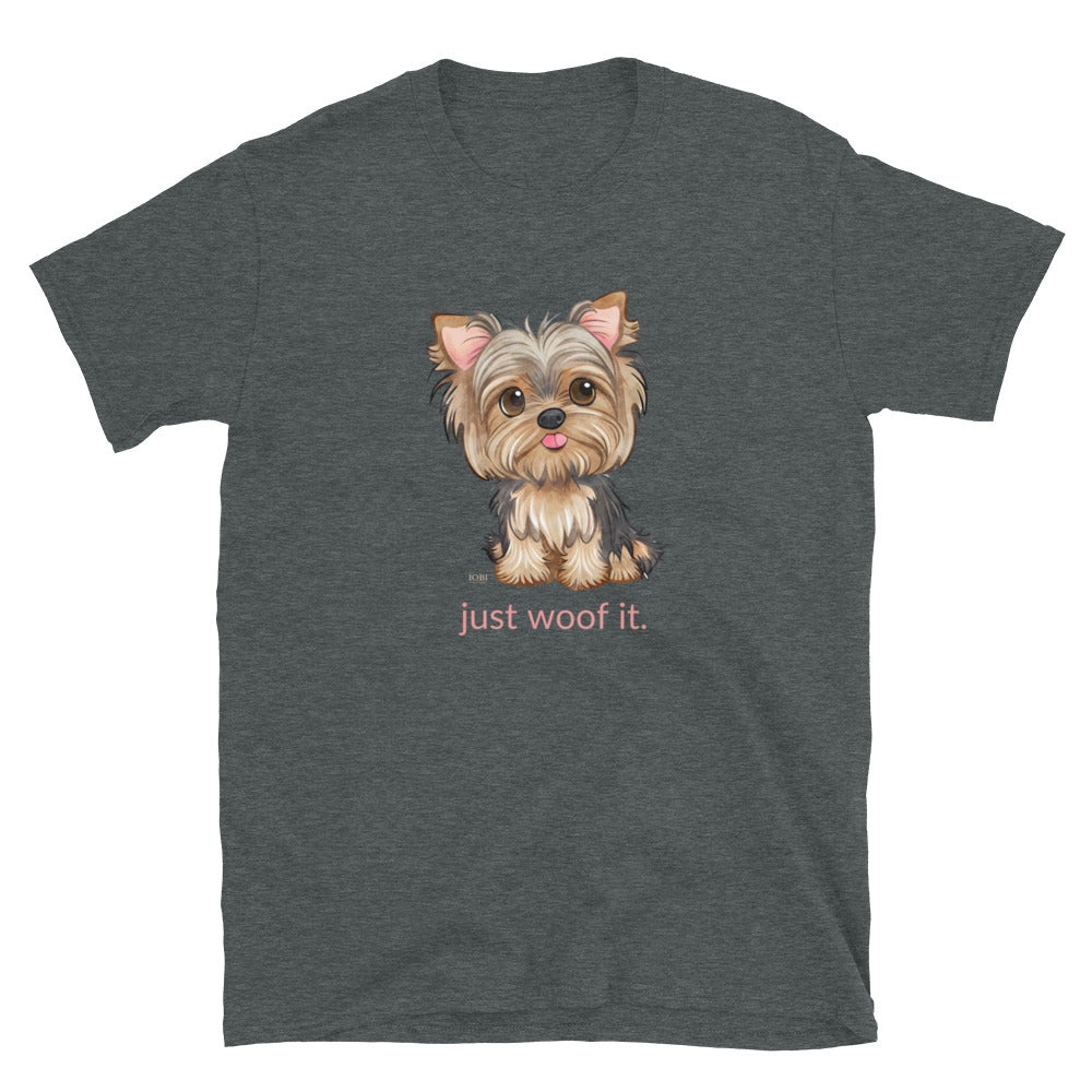 Short-Sleeve Women Soft T-Shirt Yorkie Just Woof It Design by IOBI Original Apparel