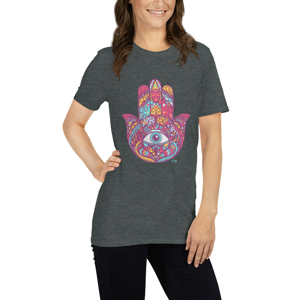 Short-Sleeve Women Soft T-Shirt Red Hamsa Design by IOBI Original Apparel