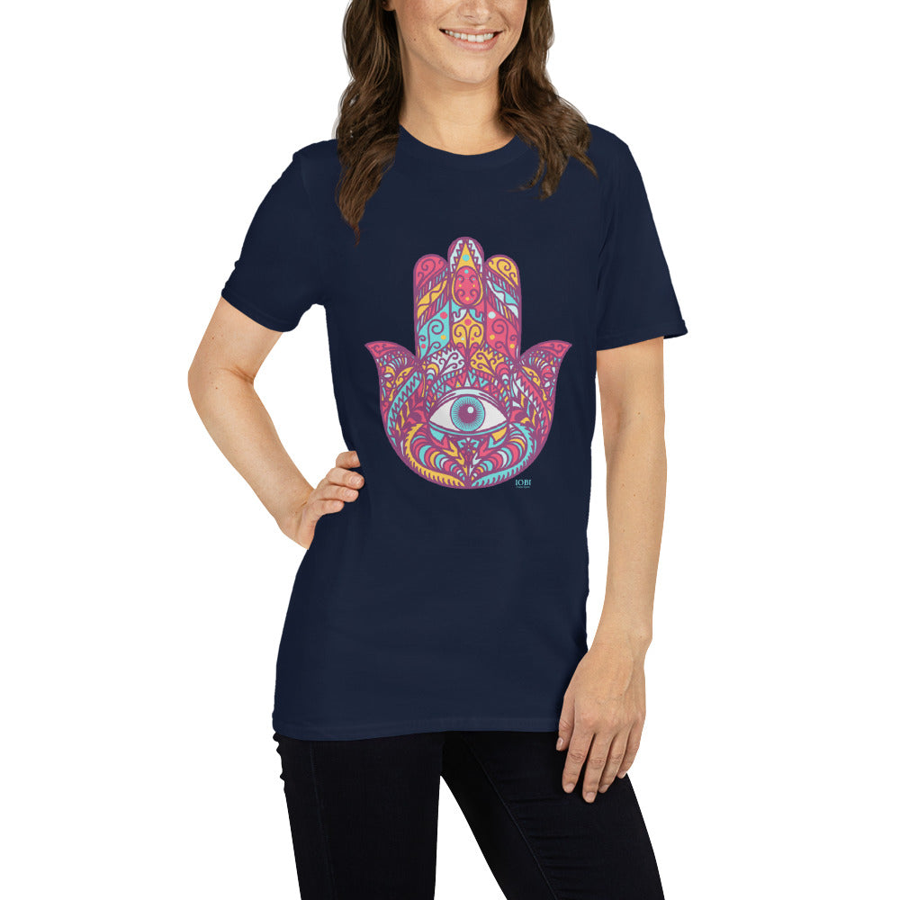 Short-Sleeve Women Soft T-Shirt Red Hamsa Design by IOBI Original Apparel