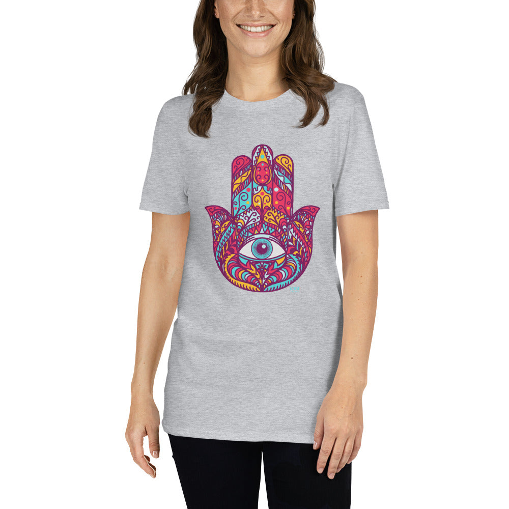 Short-Sleeve Women Soft T-Shirt Red Hamsa Design by IOBI Original Apparel