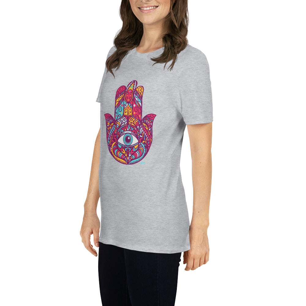 Short-Sleeve Women Soft T-Shirt Red Hamsa Design by IOBI Original Apparel