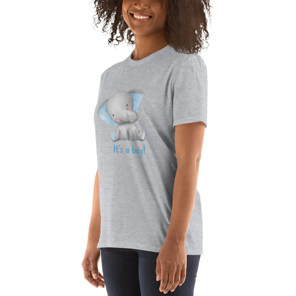 Short-Sleeve Women Soft T-Shirt It's A Boy Baby Elephant Design by IOBI Original Apparel