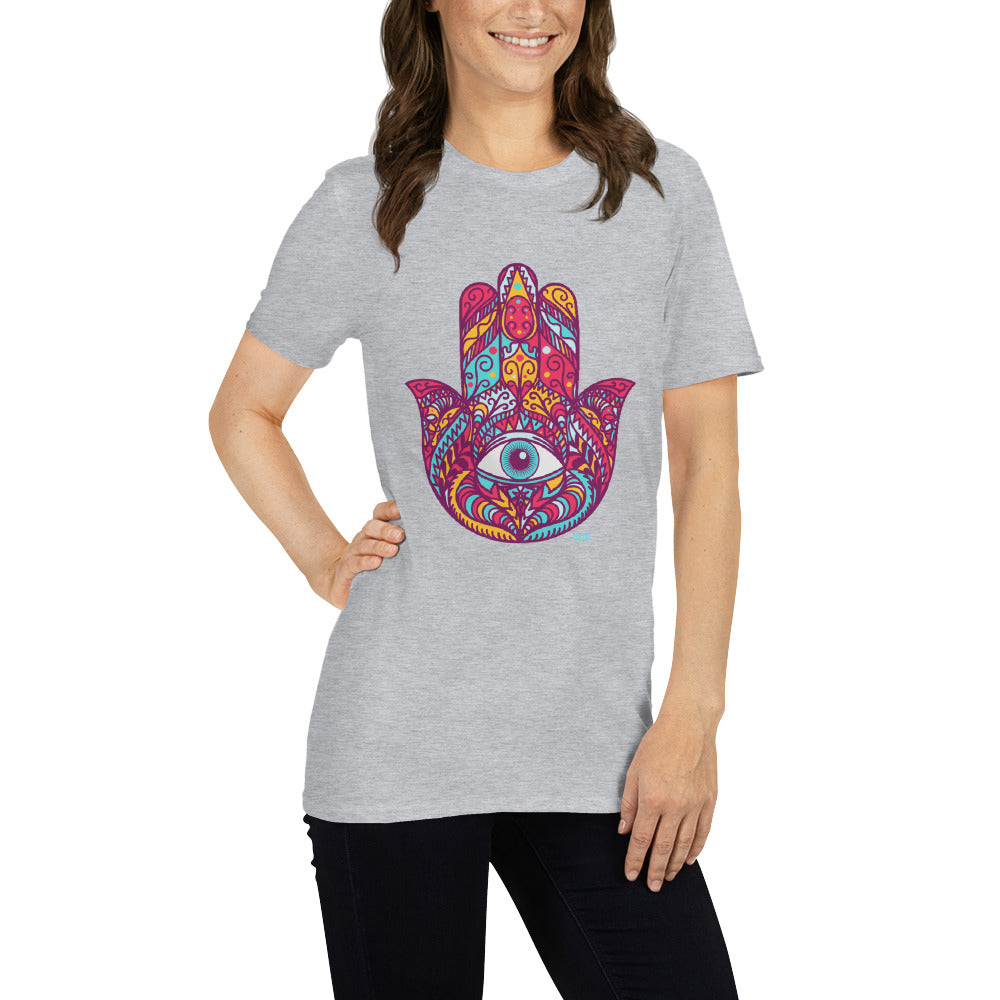 Short-Sleeve Women Soft T-Shirt Red Hamsa Design by IOBI Original Apparel