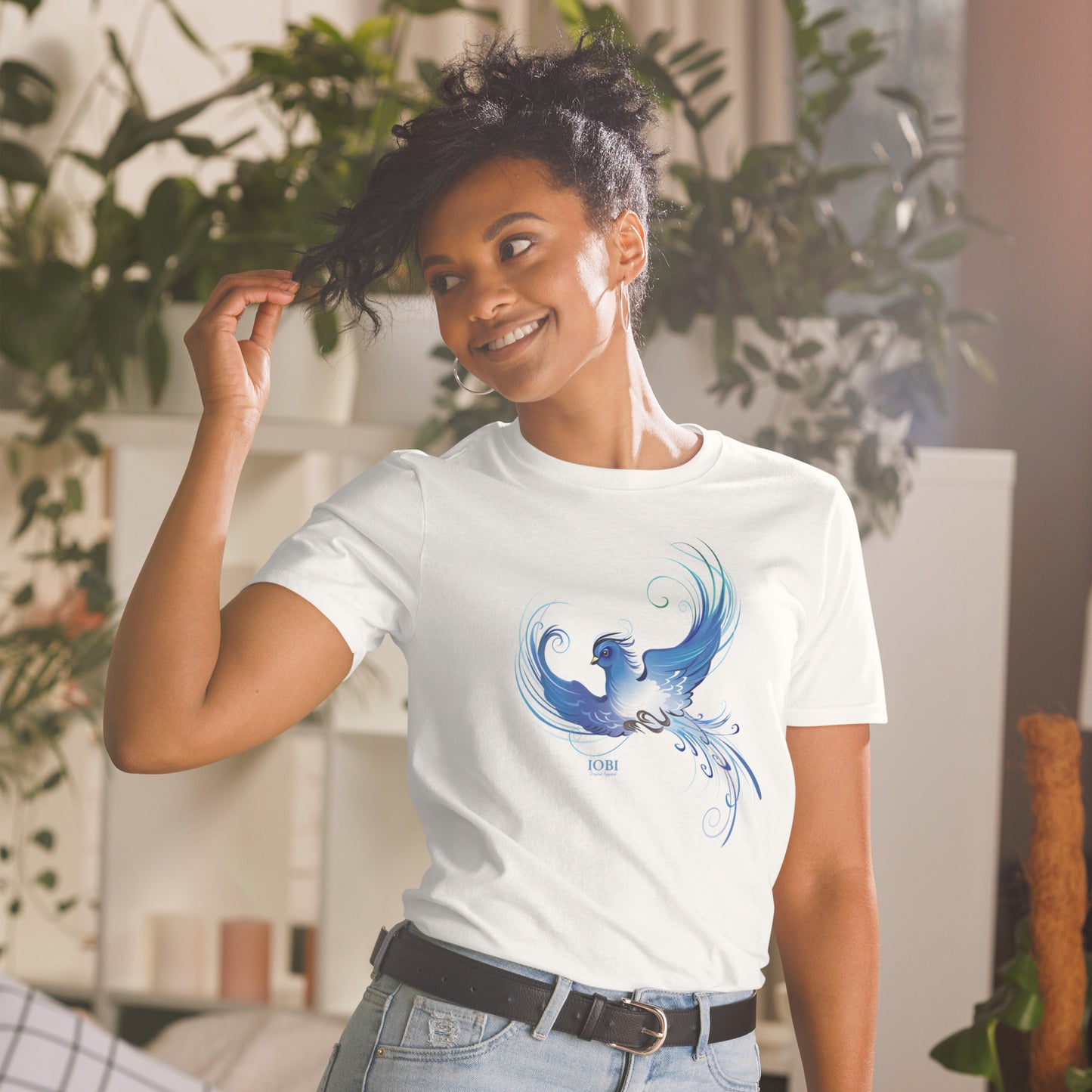 Short-Sleeve Women Soft T-Shirt Blue Fire Bird Design by IOBI Original Apparel