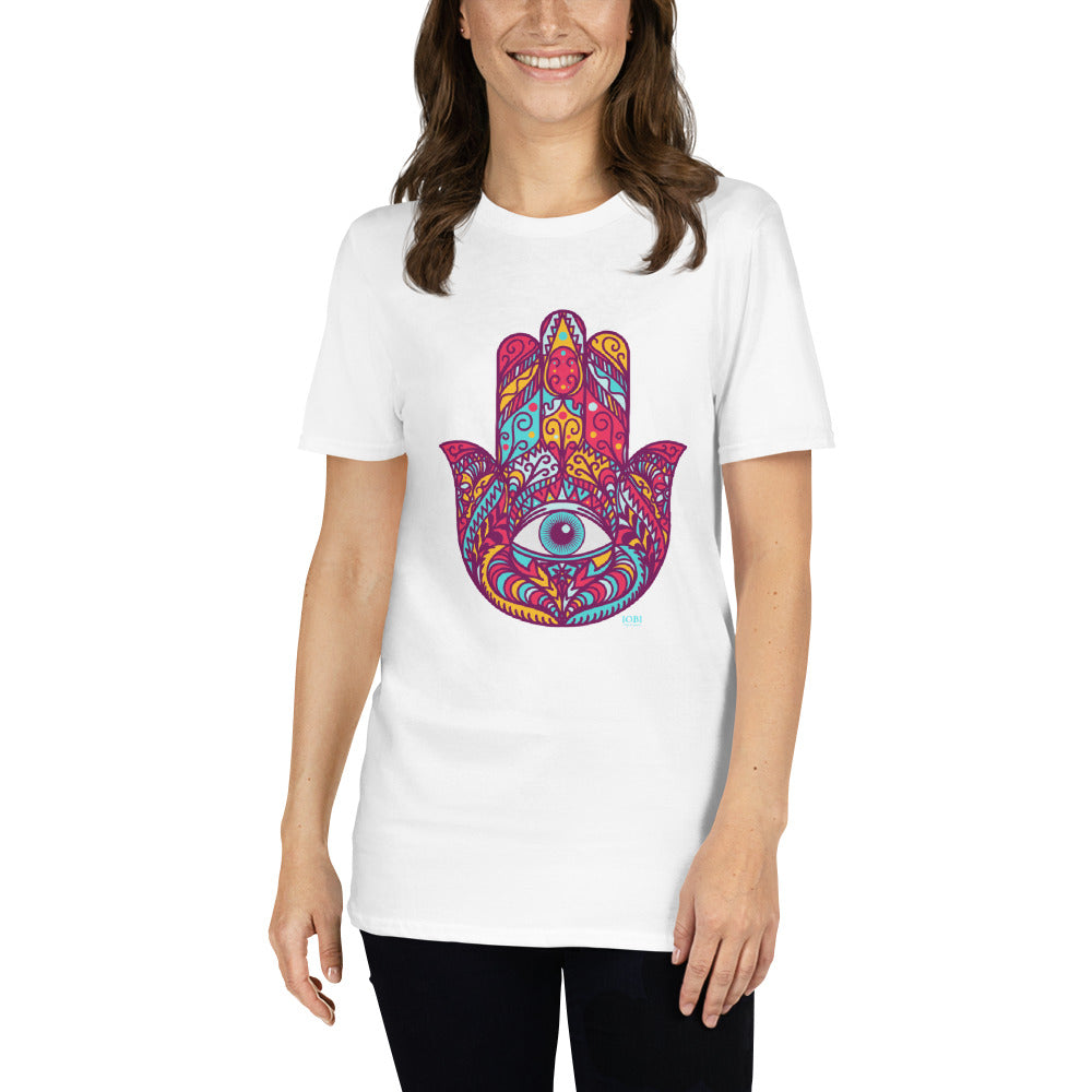 Short-Sleeve Women Soft T-Shirt Red Hamsa Design by IOBI Original Apparel