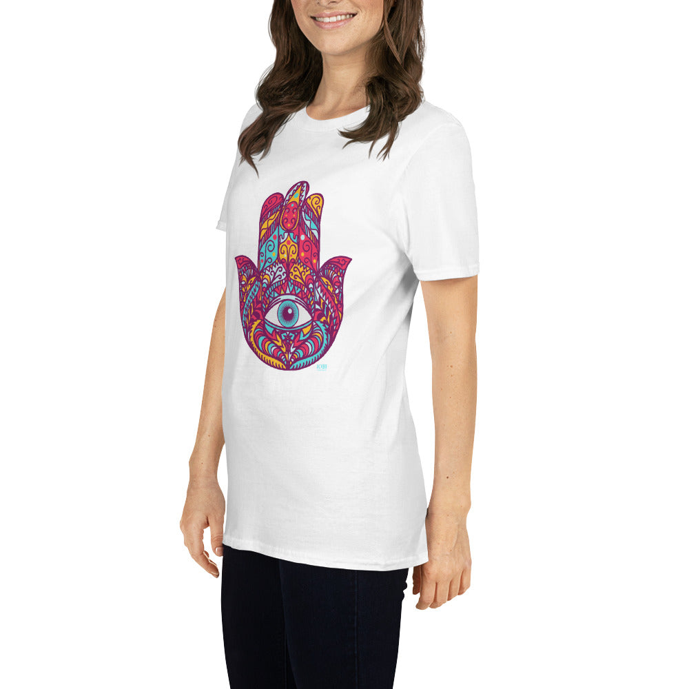 Short-Sleeve Women Soft T-Shirt Red Hamsa Design by IOBI Original Apparel