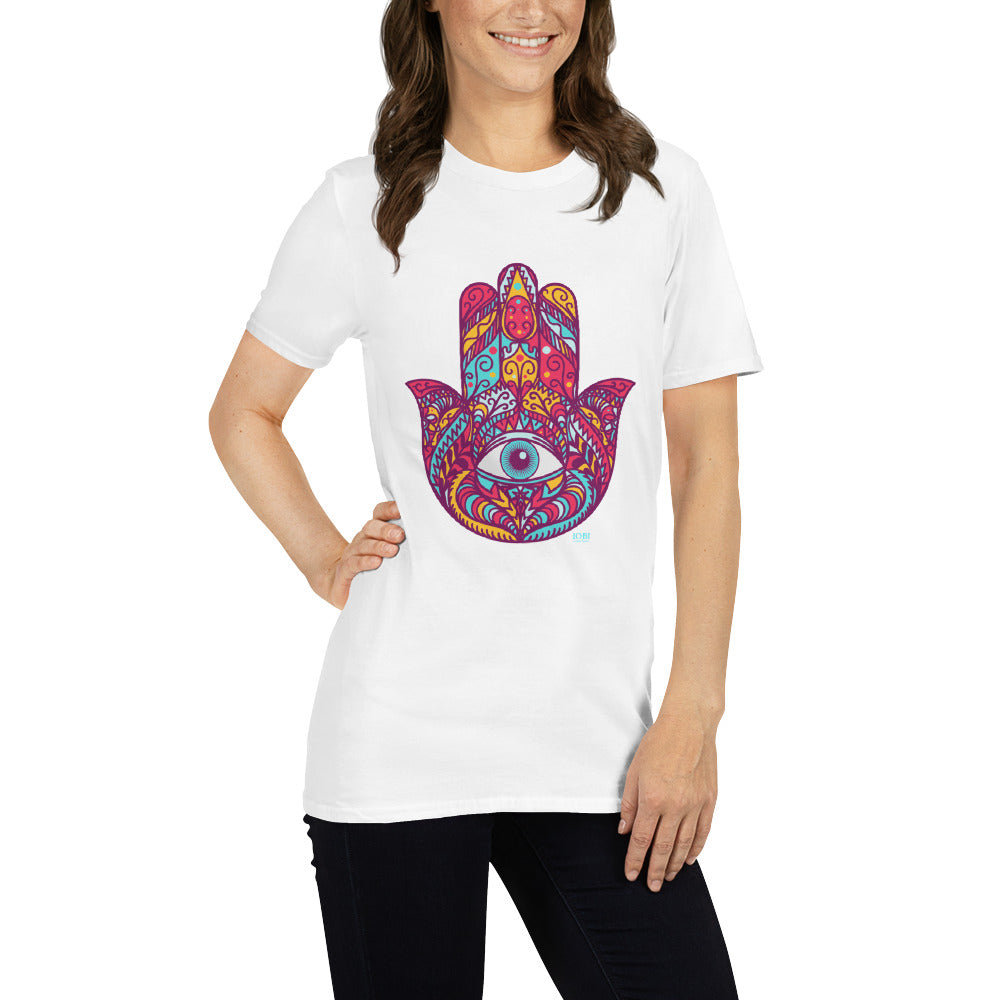 Short-Sleeve Women Soft T-Shirt Red Hamsa Design by IOBI Original Apparel