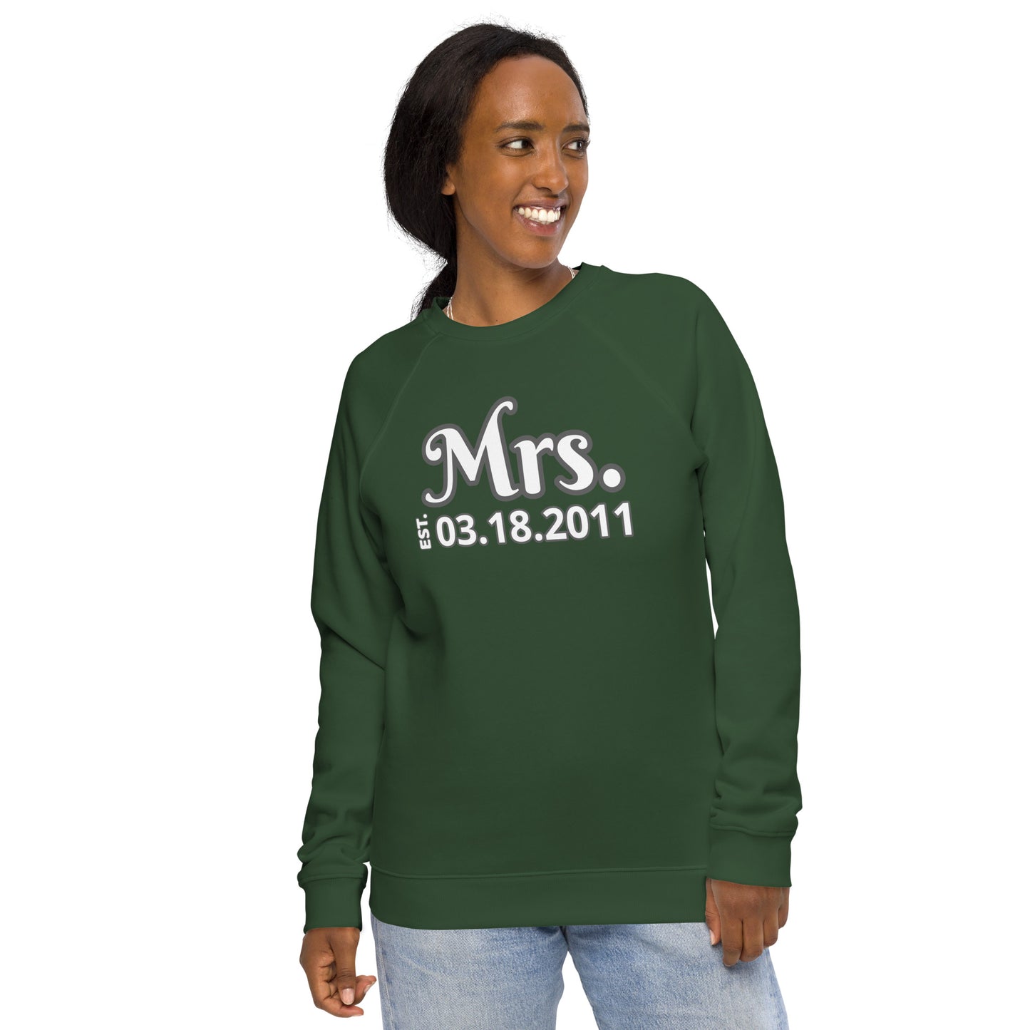 Women's Organic Raglan Sweatshirt Eco-Friendly Premium Quality Customized Personalize Your Wedding Date