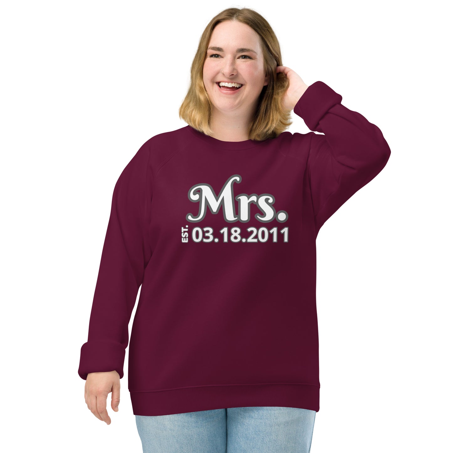 Women's Organic Raglan Sweatshirt Eco-Friendly Premium Quality Customized Personalize Your Wedding Date