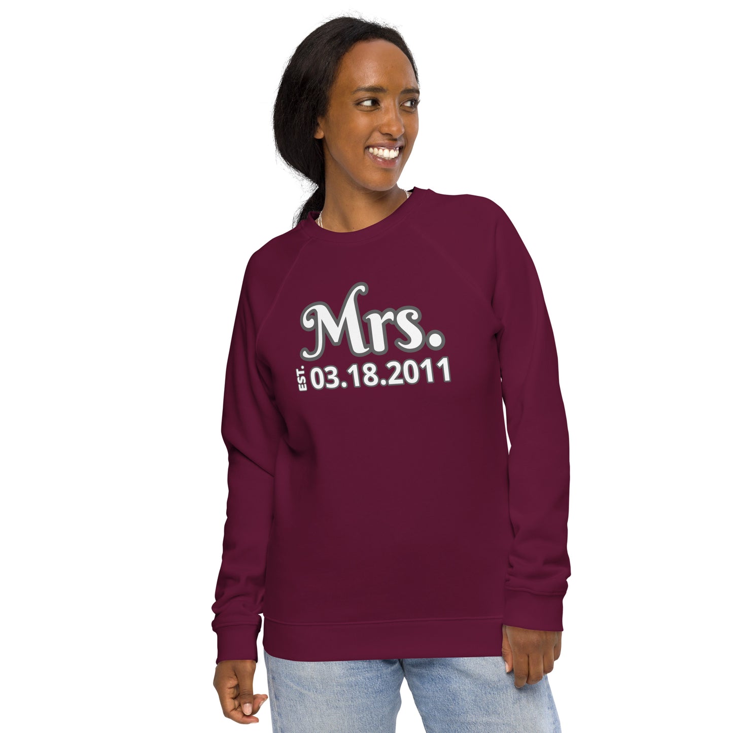 Women's Organic Raglan Sweatshirt Eco-Friendly Premium Quality Customized Personalize Your Wedding Date