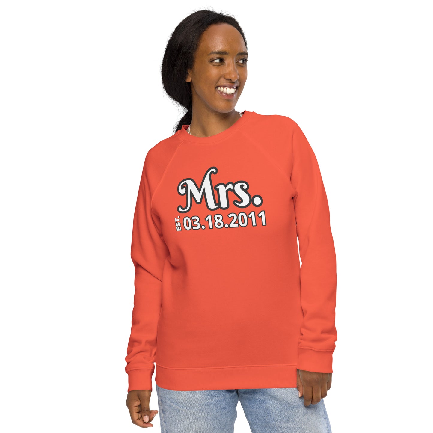 Women's Organic Raglan Sweatshirt Eco-Friendly Premium Quality Customized Personalize Your Wedding Date