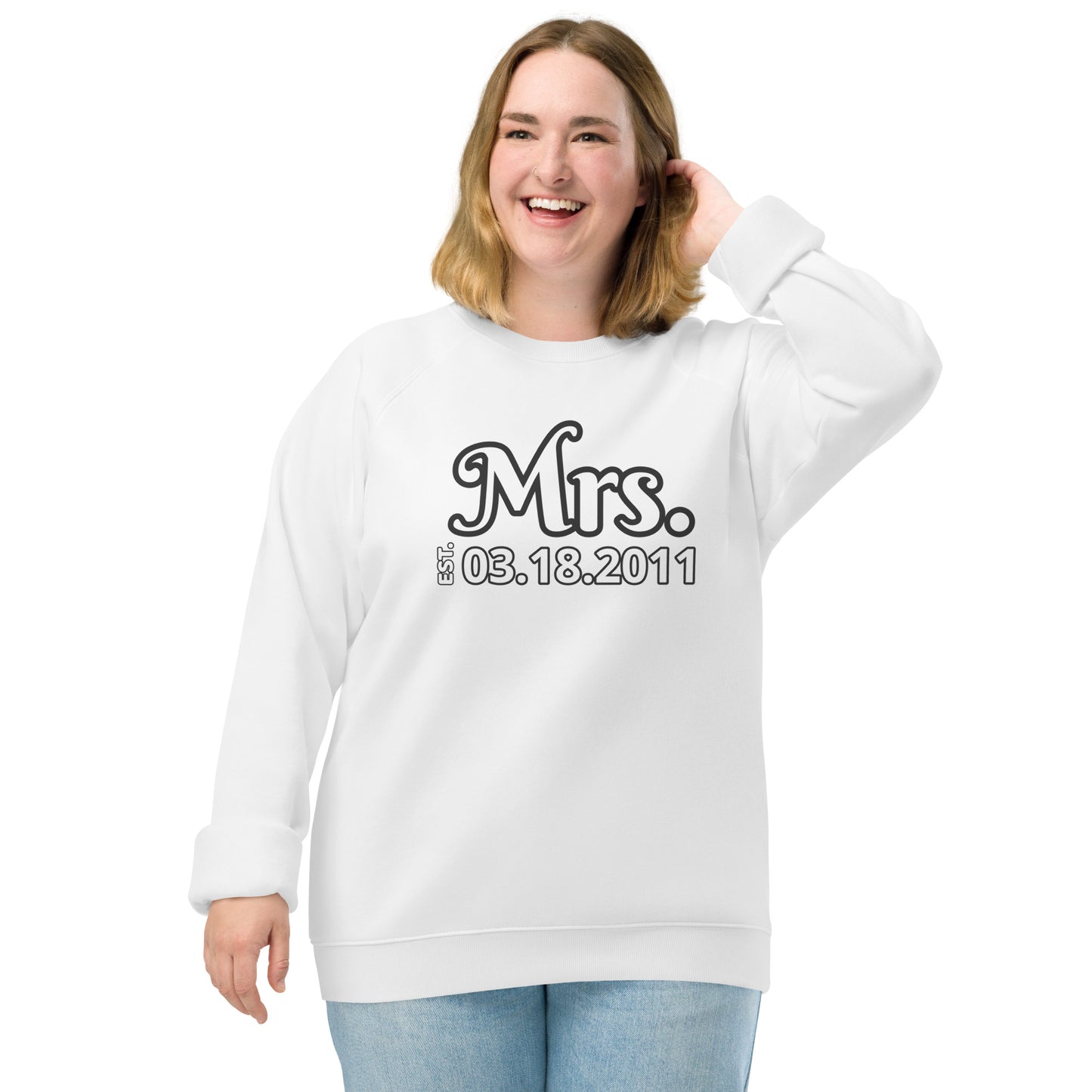 Women's Organic Raglan Sweatshirt Eco-Friendly Premium Quality Customized Personalize Your Wedding Date