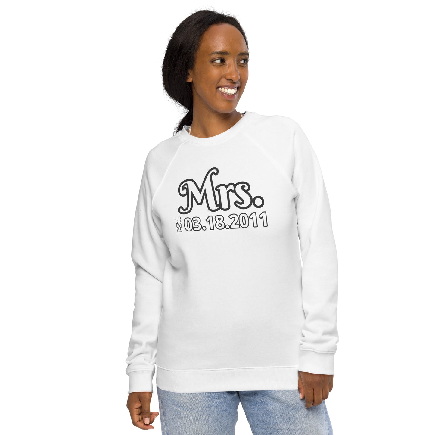 Women's Organic Raglan Sweatshirt Eco-Friendly Premium Quality Customized Personalize Your Wedding Date