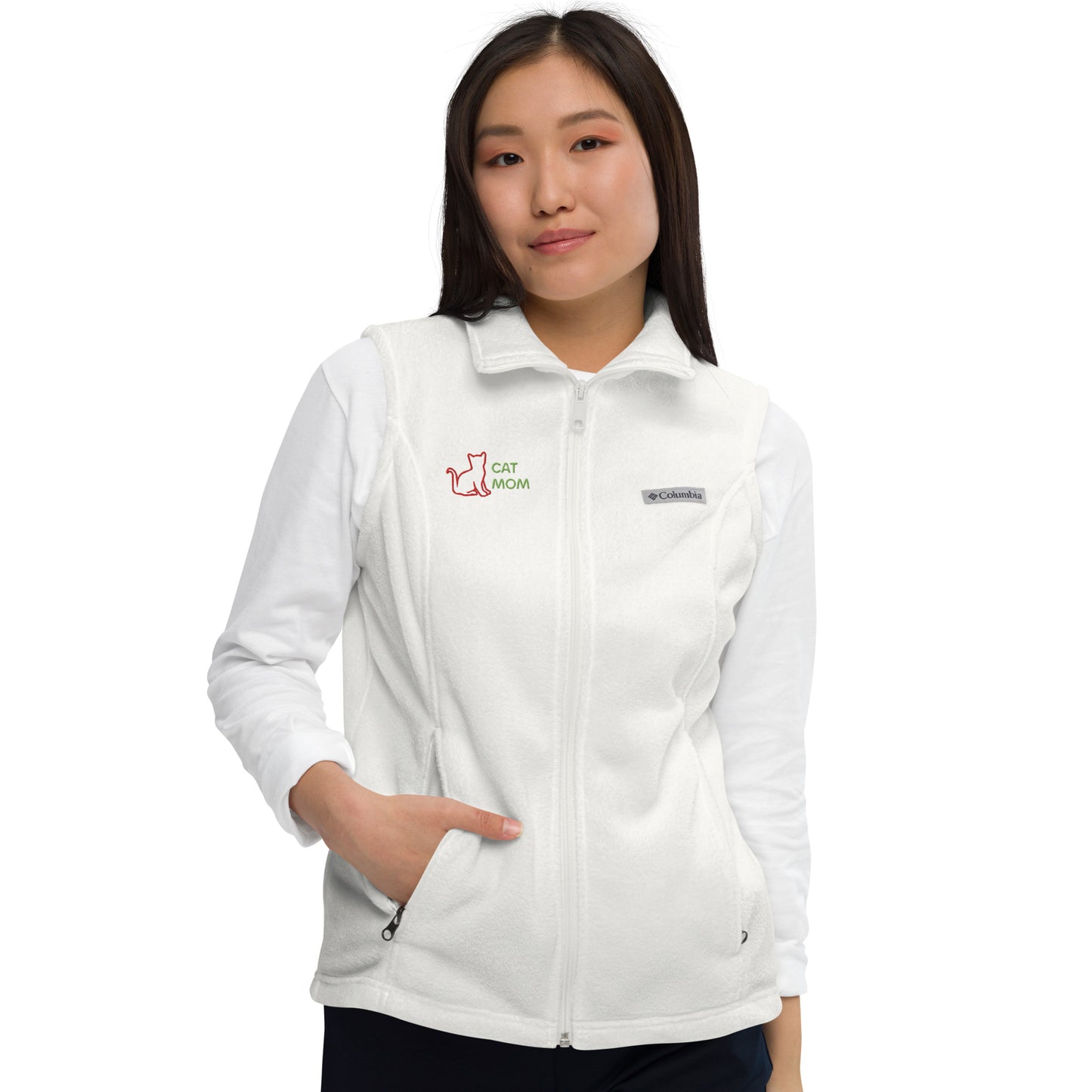 Women’s Columbia fleece vest With Pocket Cat Mom Embroidery