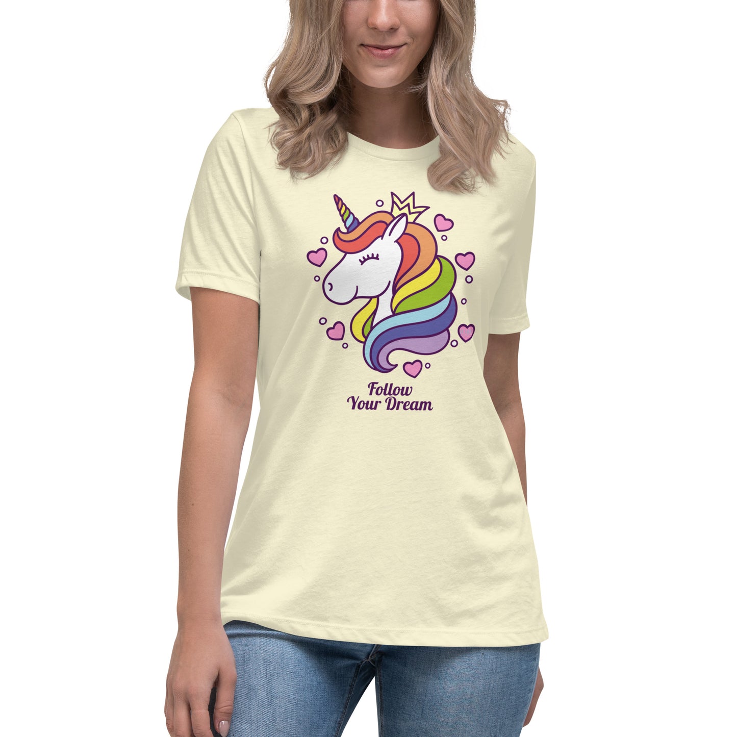 Women's Relaxed Soft & Smooth Premium Quality T-Shirt Follow Your Dream Unicorn Design by IOBI Original Apparel