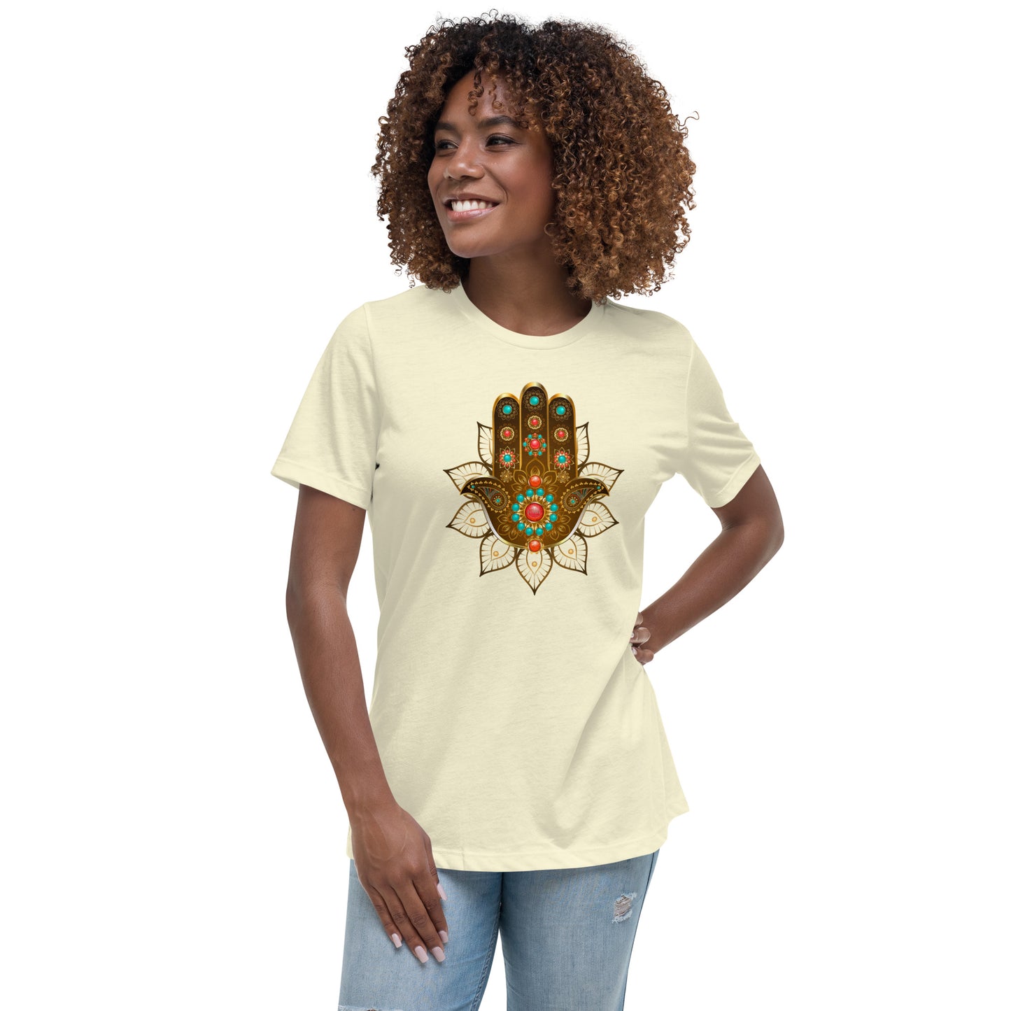 Women's Relaxed Soft & Smooth Premium Quality T-Shirt Gold Bead Hamsa Design by IOBI Original Apparel