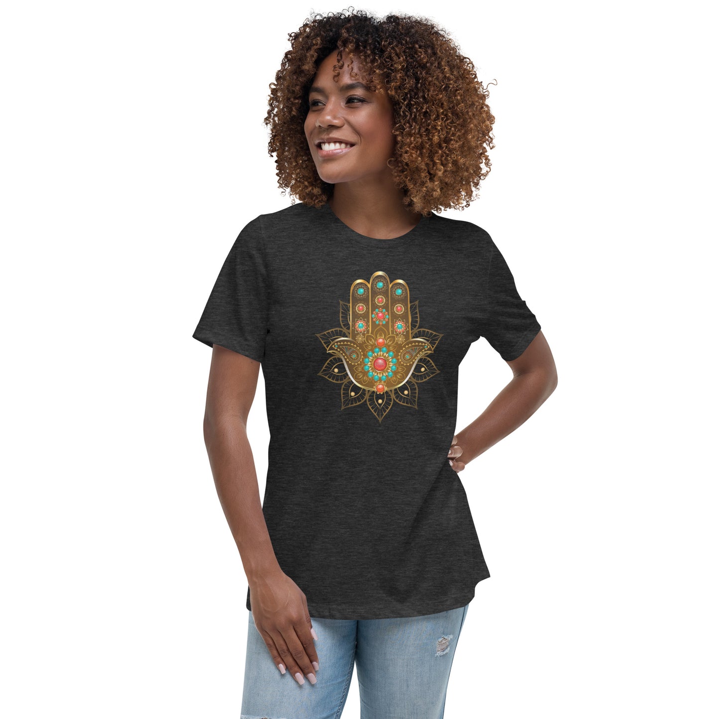 Women's Relaxed Soft & Smooth Premium Quality T-Shirt Gold Bead Hamsa Design by IOBI Original Apparel