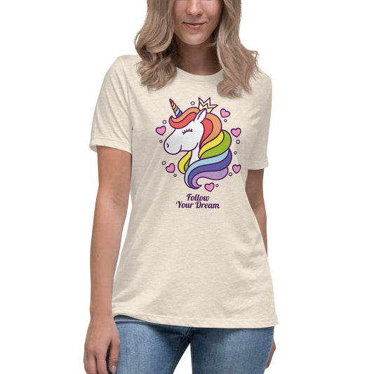 Women's Relaxed Soft & Smooth Premium Quality T-Shirt Follow Your Dream Unicorn Design by IOBI Original Apparel