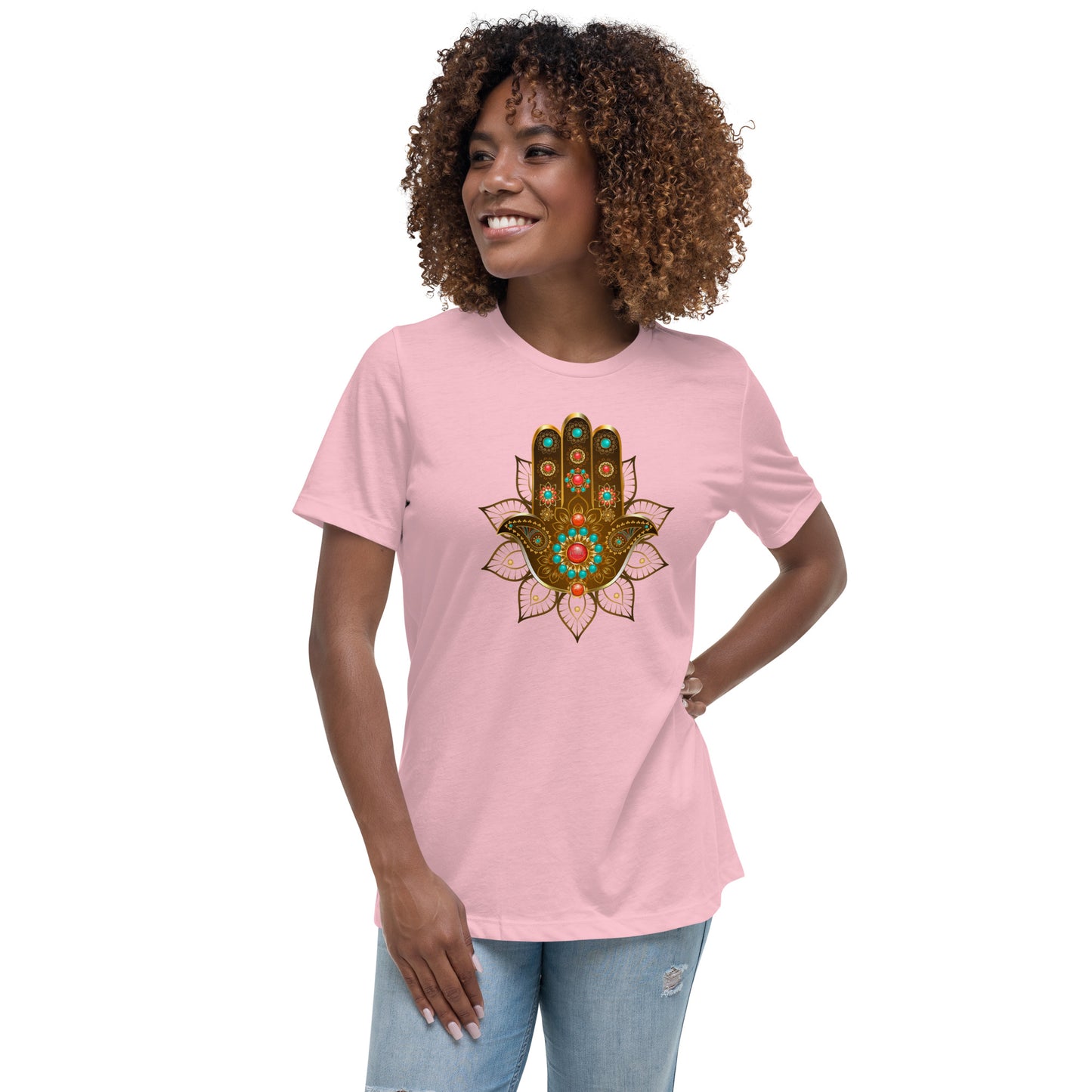 Women's Relaxed Soft & Smooth Premium Quality T-Shirt Gold Bead Hamsa Design by IOBI Original Apparel