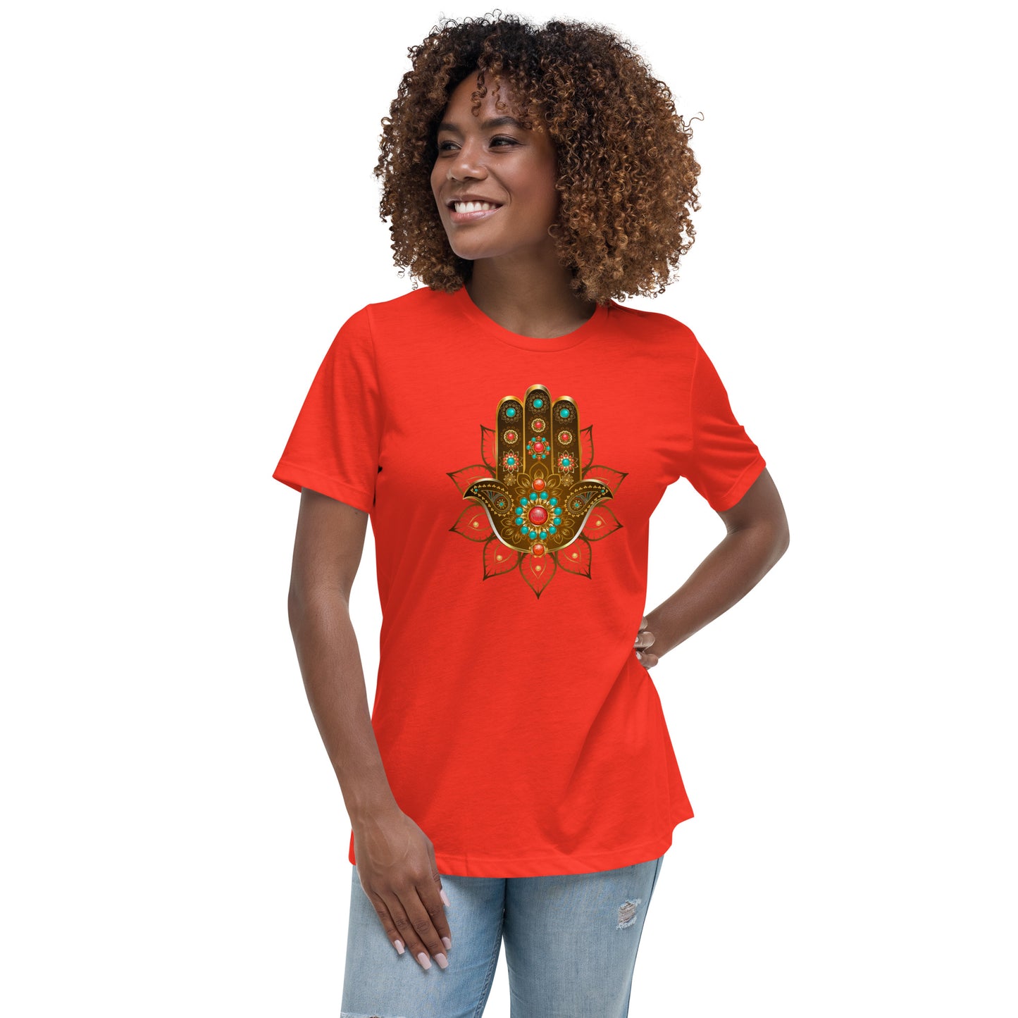 Women's Relaxed Soft & Smooth Premium Quality T-Shirt Gold Bead Hamsa Design by IOBI Original Apparel