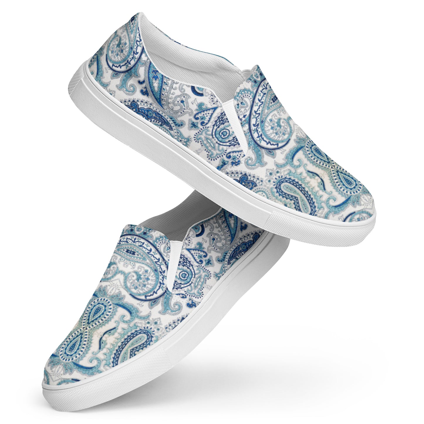 Women’s slip-on canvas shoes Cool White Blue Paisley Design by IOBI Original Apparel