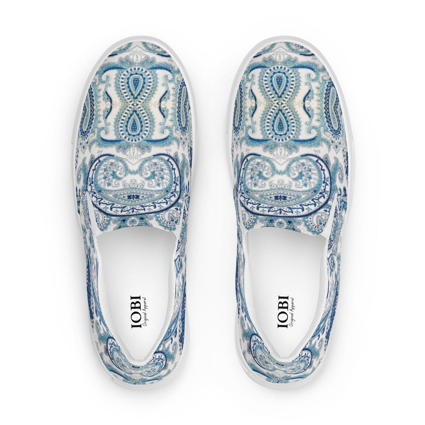 Women’s slip-on canvas shoes Cool White Blue Paisley Design by IOBI Original Apparel