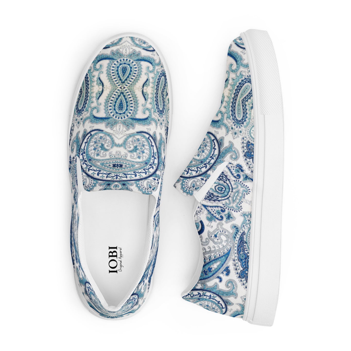 Women’s slip-on canvas shoes Cool White Blue Paisley Design by IOBI Original Apparel