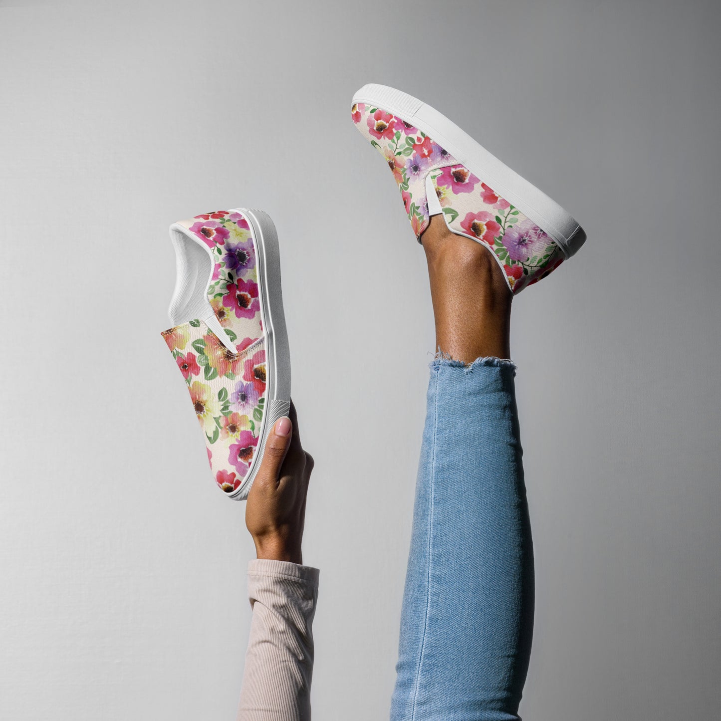 Women’s slip-on canvas shoes Poppy Bloom Flowers Design by IOBI Original Apparel